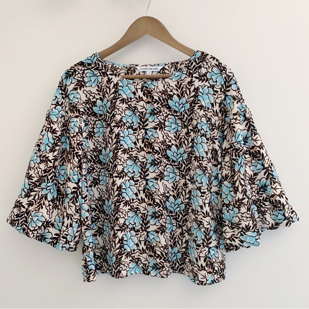 Elizabeth and James Floral Bell Sleeve Blouse Medium Blue Boho Summer